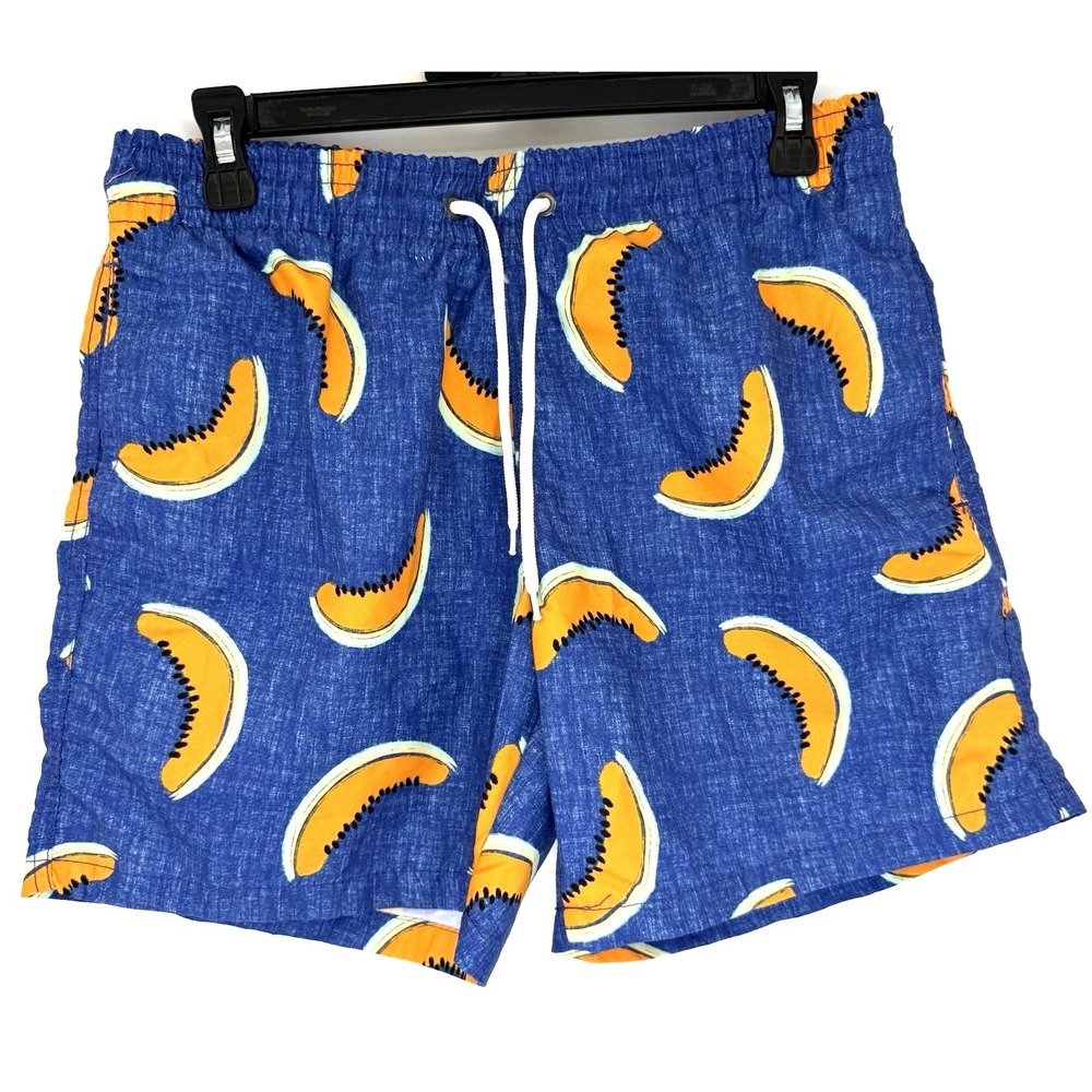 Trunks Surf & Swim Co. Swim Trunks Men M Blue Cantaloupe Melon Fruit Print Mesh